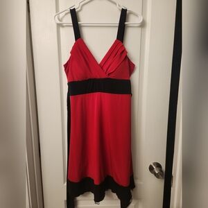 Red V-Neck Mini Dress with Black Waistband